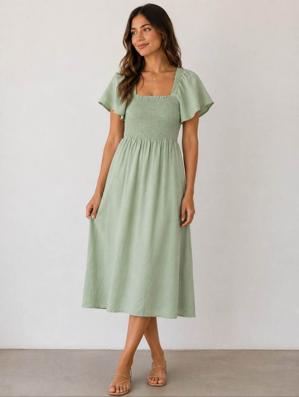 Madewell Linen-Blend Lucie Smocked Midi Dress Size Small Sunfaded Mint MD141